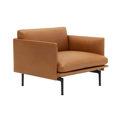 Fauteuil rembourré Outline cuir marron - Muuto - Cuir cognac (cuir Silk) / Pieds noirs -  Plumes, Aluminium laqué, Cuir pleine fleur, Mousse haute densité