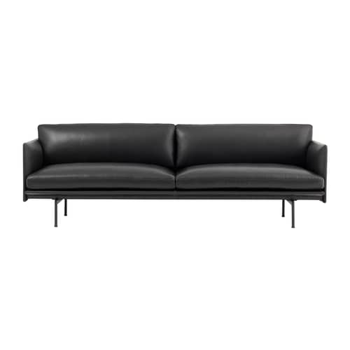 Canapé droit Outline / 3 places- L 220 cm - Muuto - Cuir noir / Pieds noirs -  Plumes, Aluminium laqué, Cuir pleine fleur, Mousse