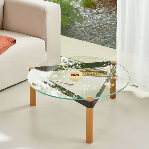 Table basse Disc verre transparent / Ø 80 cm - TIPTOE - Chêne naturel / Plateau transparent - Acier thermolaqué, Chêne massif, Verre trempé