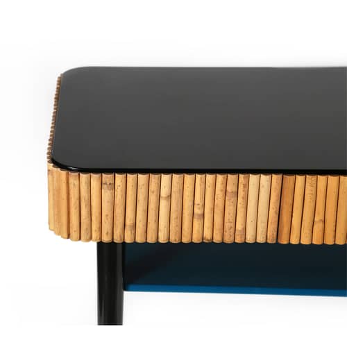 Console Riviera bleu noir bois naturel / Rotin - Tiroir - Maison Sarah Lavoine - Noir & bleu Sarah / Rotin naturel - Bois laqué, Rotin naturel