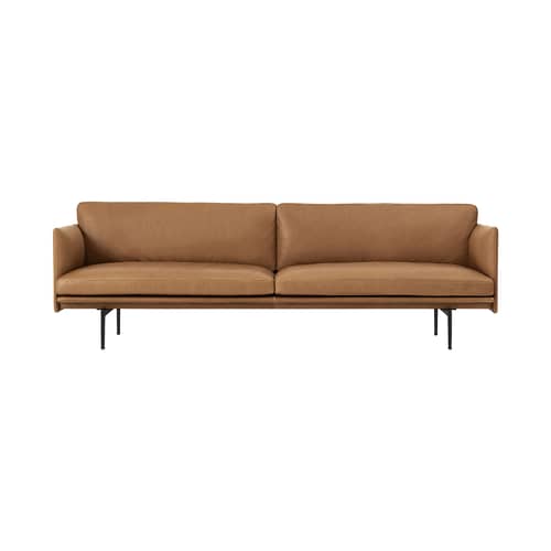 Canapé droit Outline / 3 places - L 220 cm - Muuto - Cuir Cognac / Pieds noirs -  Plumes, Aluminium laqué, Cuir pleine fleur, Mousse haute densité