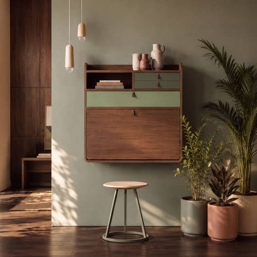 Secrétaire mural Gaston bois vert / L 80 x H 72 cm - Hartô - Vert cendré & vert sauge / Frêne marron - MDF laqué, MDF plaqué frêne teinté