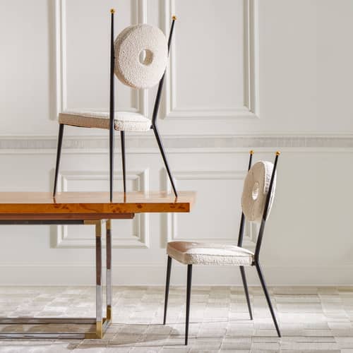 Gepolsterter Stuhl Rondo textil beige - Jonathan Adler - Naturfarben (Schlingenpol Stoff) - Messing, Schaumstoff, Schlingenpol, Stahl