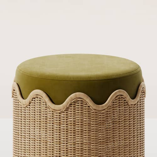 Pouf Fidji - POPUS EDITIONS - Vert kaki (velours) / Rotin - Mousse, Rotin, Velours