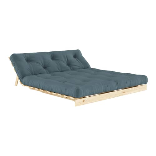 Schlafcouch Roots holz blau / B 160 cm - 3 Positionen / Struktur Pinie Klare Kiefer - KARUP - Blau Petrolblau 757 / Hellblau Pinie - FSC-zertifiziertes Massivholz Kiefer, Gewebe, Recycelte Mischfasern, Schaumstoff