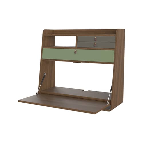 Secrétaire mural Gaston bois vert / L 80 x H 72 cm - Hartô - Vert cendré & vert sauge / Frêne marron - MDF laqué, MDF plaqué frêne teinté