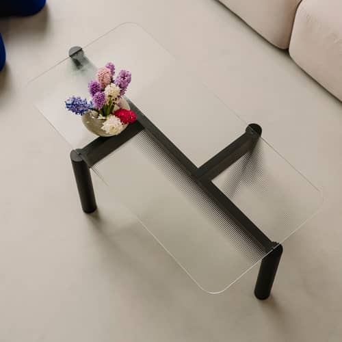 Couchtisch Kob glas schwarz / 105 x 55 x H 40,5 cm - NOO.MA - Schwarz Vulkan / Glas - Einscheiben-Sicherheitsglas, FSC-zertifiziertes massives Buchenholz