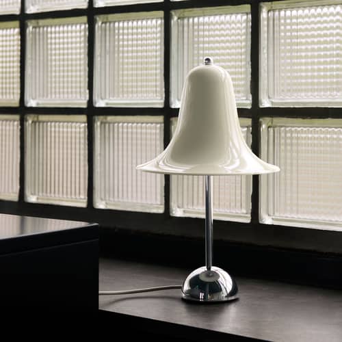 Lampe de table Pantop métal beige / Ø 23 cm - Verner Panton (1980) - Verpan - Blanc crème / Pied chromé - Métal chromé, Métal laqué
