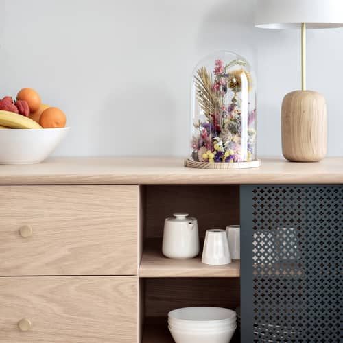 Buffet Gabin métal gris bois naturel / Haut - 3 tiroirs - L 120 cm - Hartô - Ardoise / Chêne - Bois peint, Laiton, MDF plaqué chêne, Métal perforé