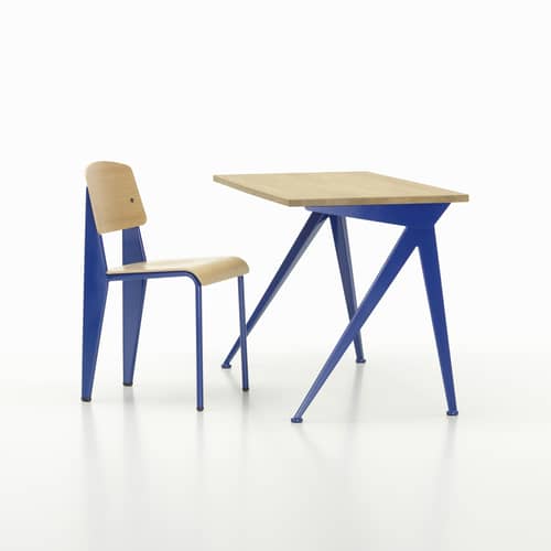 Compas Direction Desk metal blue natural wood / Jean Prouvé, 1953 - L 125 cm - Vitra - Natural oak / Marcoule blue - Solid oak, Steel