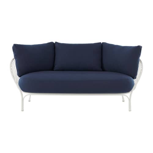 Canapé de jardin 2 places HiRay métal tissu bleu / L 162 cm - Coussins INCLUS - Kartell - Blanc / Tissu bleu - Acier galvanisé peint, Flocon de polyester, Polyuréthane, Tissu Trama