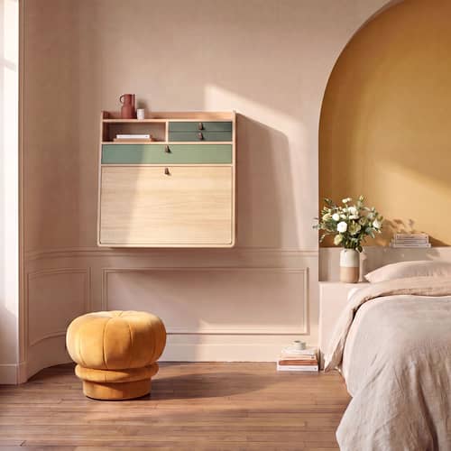 Secrétaire mural Gaston bois vert / L 80 x H 72 cm - Chêne - Hartô - Vert cendré & sauge / Chêne - Cuir, MDF laqué, MDF plaqué chêne