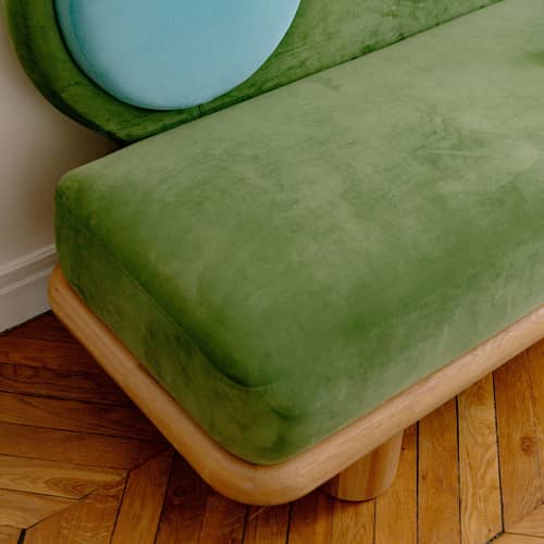 Canapé droit  tissu vert / 3 places - L 170 cm - COLORTHERAPIS - Bleu, vert / Chêne - Chêne massif, MDF, Mousse, Velours