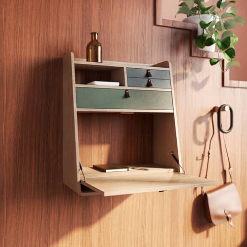 Gaston Wall writing desk wood green / W 60 x H 72 cm - Oak - Hartô - Ash green & Sage / Oak - Lacquered MDF, Leather, MDF veneer oak