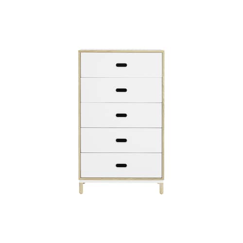 Kommode Kabino metall weiß holz natur / L 74 cm x H 127 cm - 5 Schubladen - Normann Copenhagen - Weiß & Esche - Esche, natur, Holzfaserplatte, lackiertes Aluminium