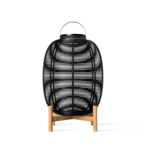 Lampada solare da esterno Tika Large materiale plastico fibre nero / Lanterna LED - H 69 cm - Vincent Sheppard - H 69 cm / nero & Teak - Acciaio termolaccato, Teck, Vimini polietilene