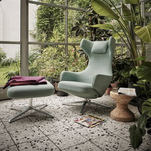 Set fauteuil & repose-pieds Grand Repos tissu vert / Pivotant & inclinable - Vitra - Bleu-vert (tissu Dumet)  / Alu poli -  Plumes, Aluminium poli, Mousse polyuréthane, Tissu