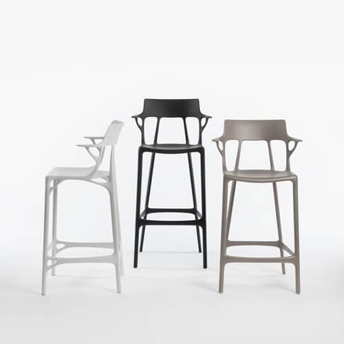 Tabouret de bar A.I plastique gris / 65 cm - Conçu par intelligence artificielle - Recyclé / Seconde vie - Kartell - Gris - Technopolymère thermoplastique recyclé