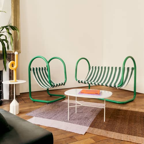 Fauteuil Petit Parad métal vert / L 60 x H 90 cm - Exclusivité Made In Design / Seconde vie - Axel Chay - Vert / Toile verte & blanche - Acier thermolaqué, Toile acrylique