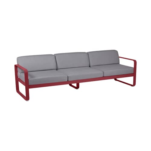 Canapé de jardin 3 places Bellevie métal tissu rouge gris / L 235 cm - Tissu gris flanelle - Fermob - Piment / Tissu gris flanelle - Aluminium laqué, Mousse, Tissu acrylique