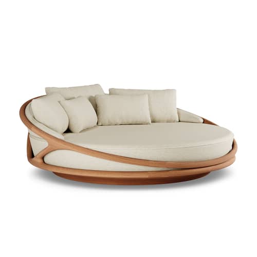 Rundes Gartensofa Solis OUTDOOR textil beige / Ø 200 cm - MORPHO - Beige (Schlingenpol-Stoff) / Teakholz, natur - Massives Teakholz, Outdoor-Boucléstoff, Schnell trocknender Schaumstoff