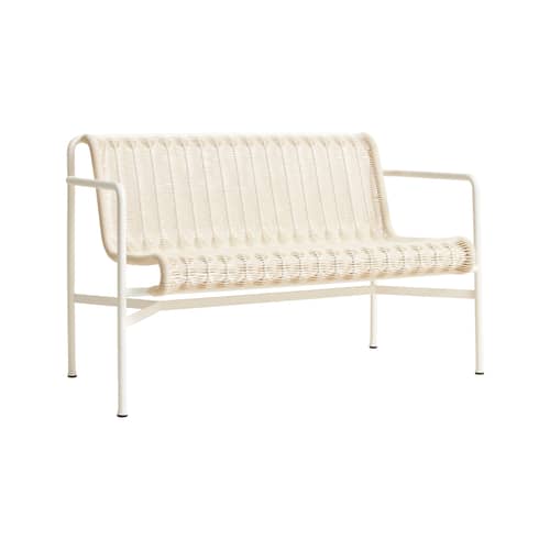 Banc avec dossier Palissade Cord Dining blanc / L 128 cm - Corde tissu recyclé - Hay - Blanc crème - Acier laqué époxy, Corde tissu polyester recyclé
