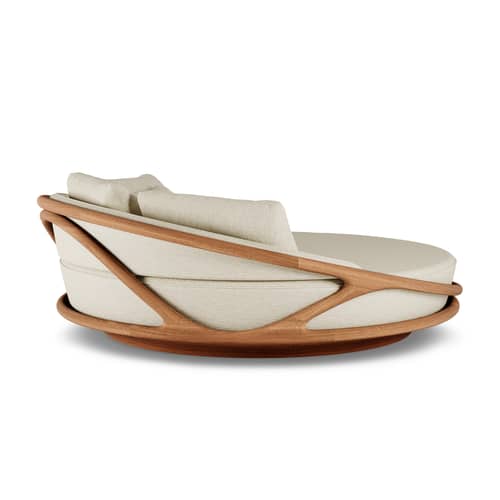 Canapé de jardin rond Solis OUTDOOR beige & teck naturel / Ø 200 cm - MORPHO - Beige (tissu bouclé) / Teck naturel - Mousse à séchage rapide, Teck massif, Tissu bouclé outdoor