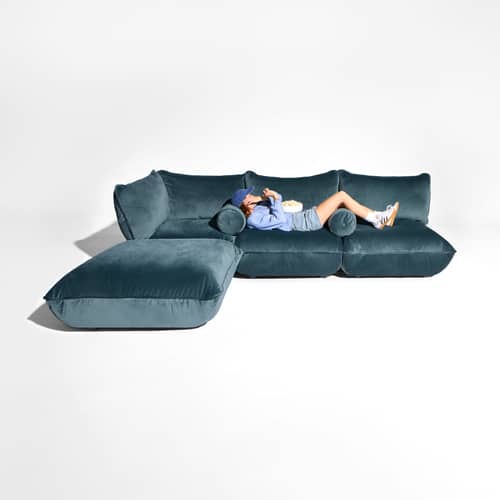 Ecksofa Sumo Corner textil blau / 4 Sitze - 301 x 204,5 cm / Recycelter Velours - Fatboy - Blau Petrolblau (recycelter Velours) - ABS, Polypropylen, Recycelter Samt, Recycelter Schaumstoff, Stahl
