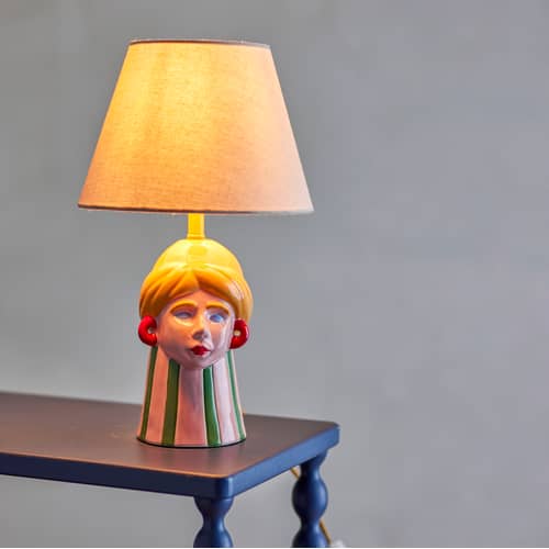 Miss Jody Table lamp ceramic multicoloured - Bloomingville - Multicoulered / Natural Linen - Enamelled sandstone, Linen fabric