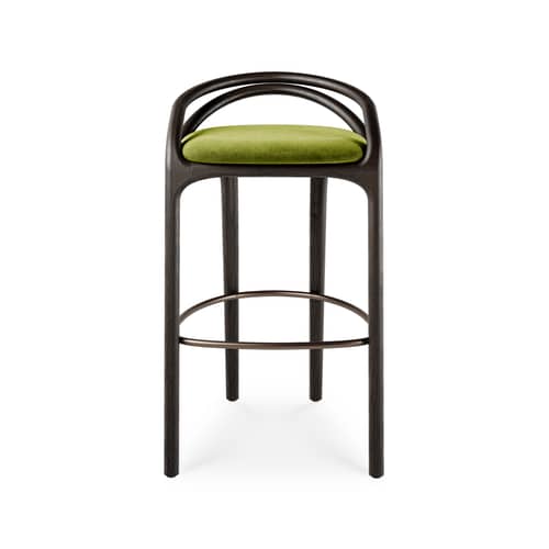 Tabouret haut Aleta INDOOR tissu vert / H 78,5 cm - MORPHO - Velours vert / Brun foncé - Métal, Mousse haute densité, Teck massif, Velours