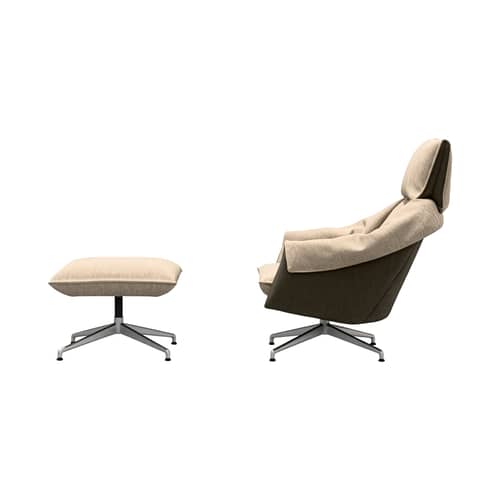 Set poltrona girevole e pouf Bascule Highback tessuto beige / Meccanismo di inclinazione - Base a 4 gambe - Vitra - Crema e marrone chiaro (tessuto Iroko) / Piede in alluminio sabbiato - Alluminio, Schiuma PU riciclabile, Tessuto