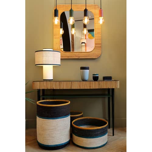 Console Riviera bleu noir bois naturel / Rotin - Tiroir - Maison Sarah Lavoine - Noir & bleu Sarah / Rotin naturel - Bois laqué, Rotin naturel
