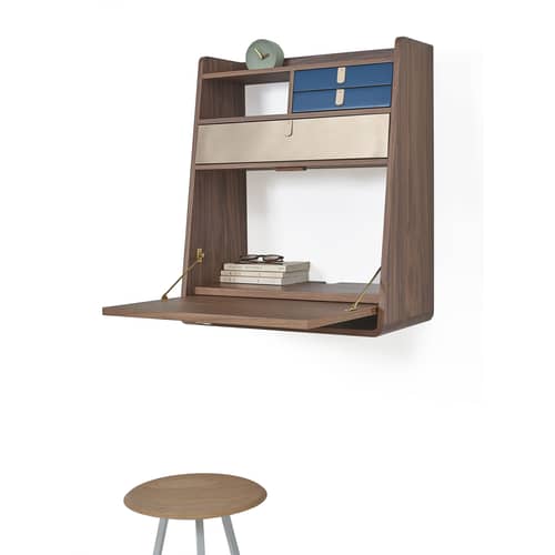 Secrétaire mural Gaston bleu bois naturel / L 60 x H 72 cm - Noyer - Hartô - Bleu pétrole & laiton / Noyer - Cuir, MDF plaqué chêne