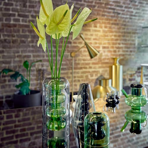 Vase Bump Tall vert / Ø 13 x H 27 cm - Verre soufflé - Tom Dixon - Gris fumé & vert - Verre borosilicate soufflé