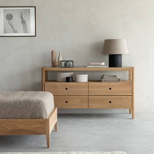 Commode Spindle bois naturel / L 150 x P 56 x H 83 cm - Ethnicraft - Chêne huilé / Verre gris fumé - Chêne massif huilé, Verre