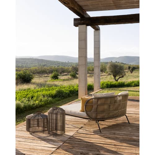 Kodo Outdoor daybed plastic material textile white beige / L 151 x D 168 cm - Hand-woven acrylic cord - Vincent Sheppard - Fossil grey / Pale yellow, Green & Beige - Foam, Outdoor fabric, Polypropylene rope, Thermolacquered aluminium