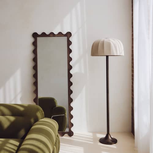 Brighton Floor lamp textile beige / Ø 50 cm - NV GALLERY - Ivory linen / Antique brass - Iron, Linen