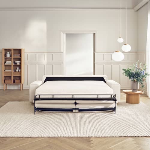 Divano convertibile Gest tessuto grigio / 2,5 posti - L 240 cm - Bolia - Grigio-blu (tessuto Nantes) / Rovere oliato - Massello di quercia oliato, Schiuma ibrida, Tessuto poliestere