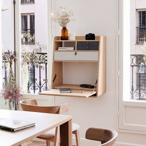 Secrétaire mural Gaston bois gris / L 60 x H 72 cm - Hartô - Gris clair & gris ardoise / Chêne - Cuir, MDF plaqué chêne
