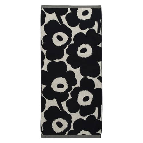 Serviette de bain Unikko tissu bleu / 70 x 150 cm - Marimekko - Unikko / Beige coton & bleu foncé - Coton, Lin