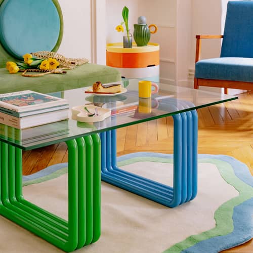 Table basse  verre bleu vert / 110 x 65 cm x H 45 cm / Seconde vie - COLORTHERAPIS - Bleu & vert - Bois, Verre