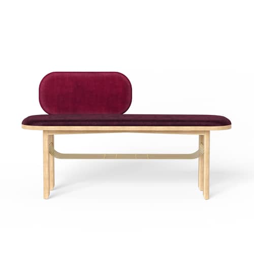 Banc rembourré Eustache tissu bois rouge / L 120 cm - Velours - Hartô - Bordeaux - Chêne massif, Laiton brossé, MDF, Mousse, Velours polyester