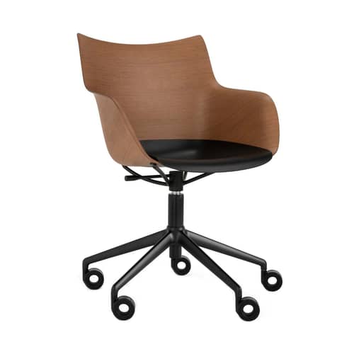 Fauteuil à roulettes Q/Wood bois naturel - Kartell - Bois foncé / Assise noire / Pied noir - Acier, Aluminium, Contreplaqué de bois moulé