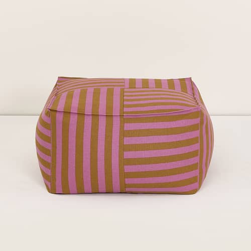 Pouf Otto tissu rose / Repose-pieds - 55 x 55 cm - NOBODINOZ - Rose & curry / Rayé - Coton bio, Polystyrène expansé