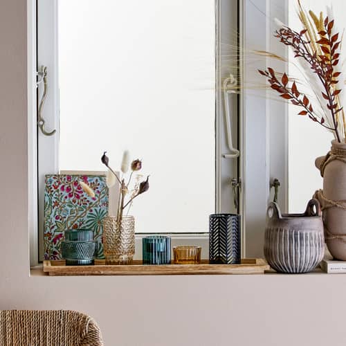 Sanga Candle holder glass wood multicoloured / 5 candle holders & wooden tray - L 43 cm - Bloomingville - Blue & Black / Wood - Glass, Metal, Paulownia wood