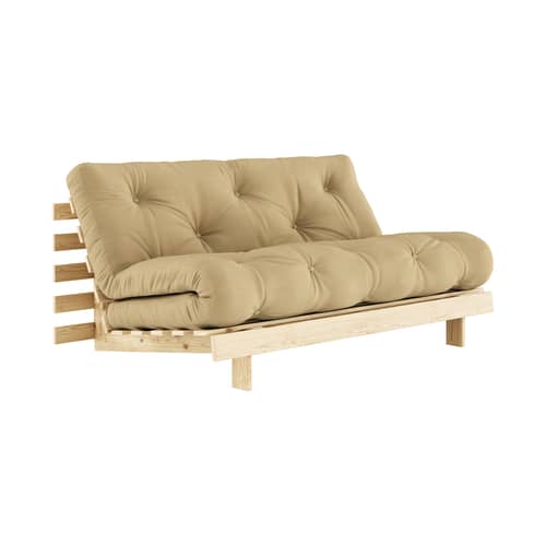 Schlafcouch Roots holz beige / B 160 cm - 3 Positionen / Struktur Pinie Klare Kiefer - KARUP - Gold Beigegold 758 / Hellbeige Pinie - FSC-zertifiziertes Massivholz Kiefer, Gewebe, Recycelte Mischfasern, Schaumstoff