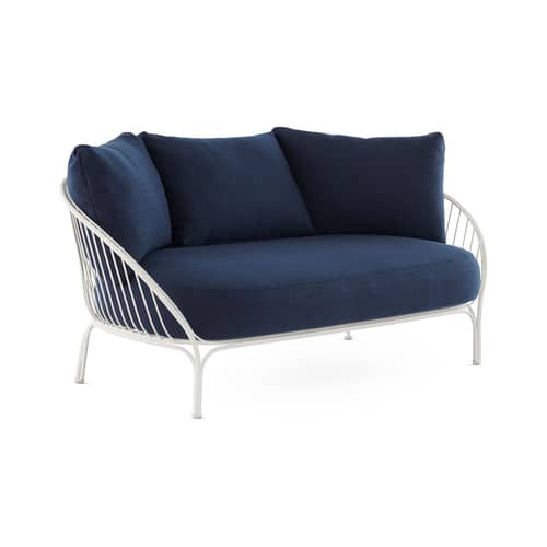 Canapé de jardin 2 places HiRay métal tissu bleu / L 162 cm - Coussins INCLUS - Kartell - Blanc / Tissu bleu - Acier galvanisé peint, Flocon de polyester, Polyuréthane, Tissu Trama