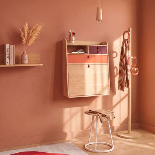 Secrétaire mural Gaston bois orange / L 60 x H 72 cm - Hartô - Corail épicé & bourgogne / Chêne naturel - MDF laqué, MDF plaqué chêne