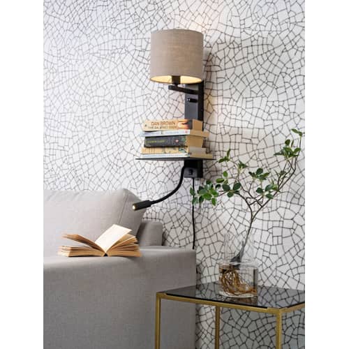 Wandleuchte mit Stromkabel Florence metall beige / Lampenschirm Stoff - LED-Leseleuchte, Regal & USB-Anschluss - It\'s about Romi - Leinen dunkel - Baumwolle, Eisen