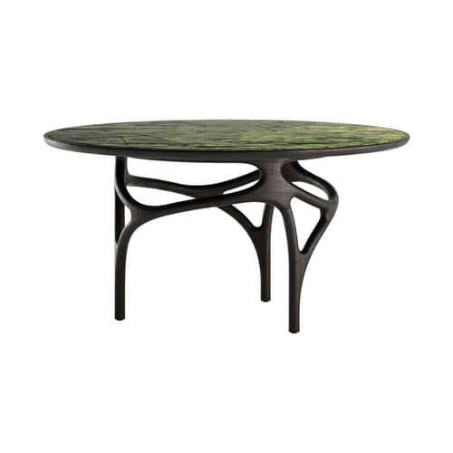 Runder Tisch Cena INDOOR marmor grün / Ø 150 cm (8 Personen) - Tablett aus Marmor mit Gravur - MORPHO - Grüner Marmor (geätzt) / Dunkelbrauner Fuß. - Marmor, Massives Teakholz